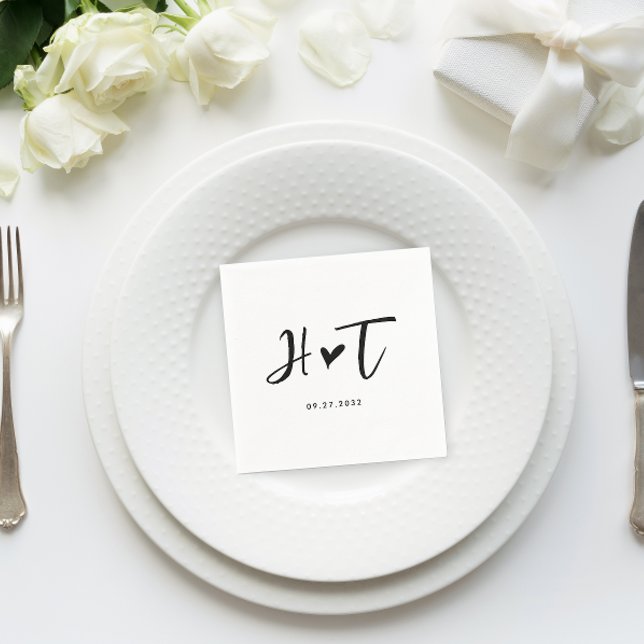 Simple Brushed Script Heart Monogram Wedding Napkins (Creator Uploaded)
