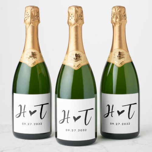 Simple Brushed Script Heart Monogram Wedding Sparkling Wine Label