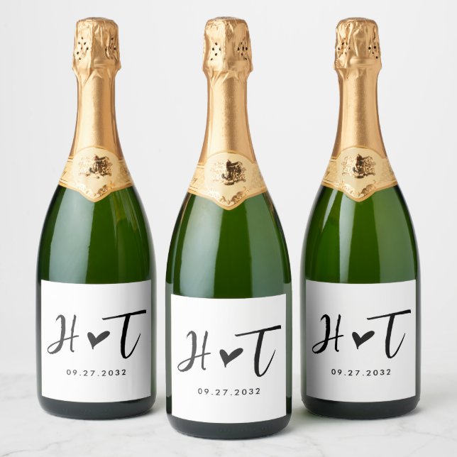 Simple Brushed Script Heart Monogram Wedding Sparkling Wine Label (Bottles)