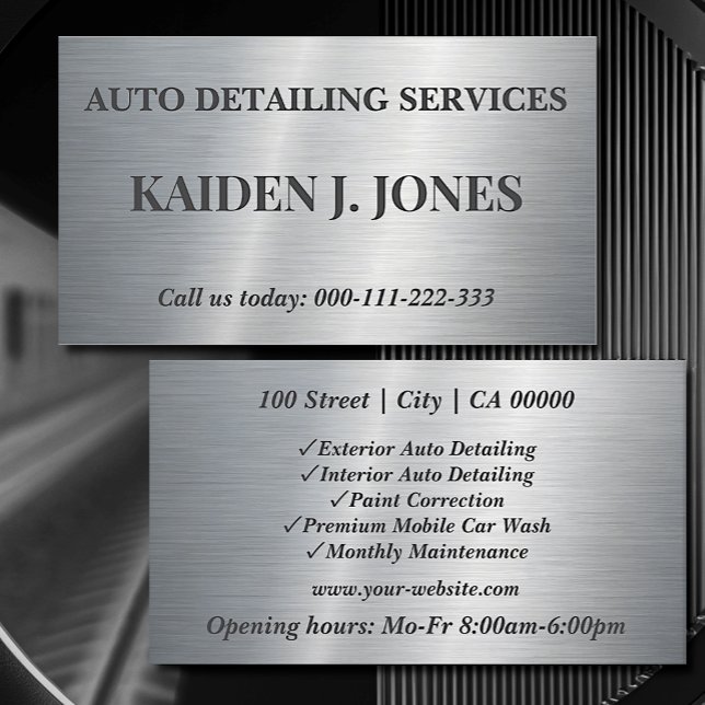 Simple Brushed Steel Silver Car Detailing Service Business Card (Creator Uploaded)