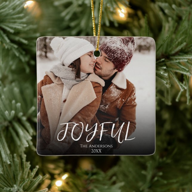 Simple Brushstroke Joyful Calligraphy Couple Photo Ceramic Ornament (Tree)