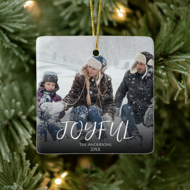 Simple Brushstroke Joyful Calligraphy Family Photo Ceramic Ornament (Tree)