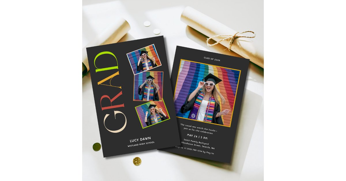 Simple Budget 4 Photo Groovy Retro Graduation Invitation | Zazzle