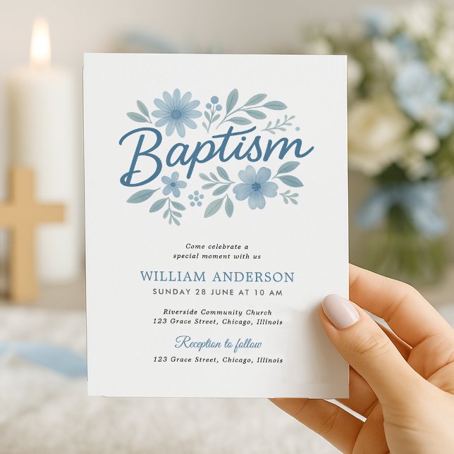 Simple budget Floral Baptism Invitation for Boy (Elegant budget  blue floral baptism invitation held near candlelight – perfect for boy christening)