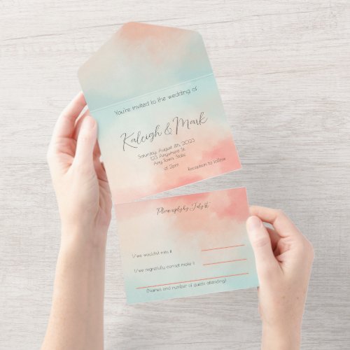 Simple Budget Pastel Peach  Turquoise Wedding All In One Invitation