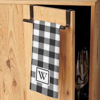 Simple Buffalo Plaid Monogram Black White Kitchen Towel by BizzyBeeDesign at Zazzle