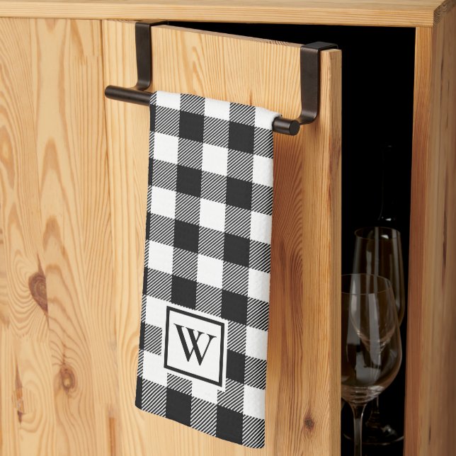 Simple Buffalo Plaid Monogram Black White Kitchen Towel (Thirds Fold)