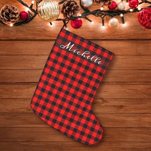 Simple Buffalo Plaid Red  Black Pattern Rustic Large Christmas Stocking