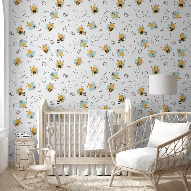Simple bumblebees and daisies on white wallpaper  (Kids)