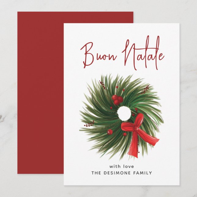 Simple Buon Natale Watercolor Wreath  Holiday Card (Front/Back)