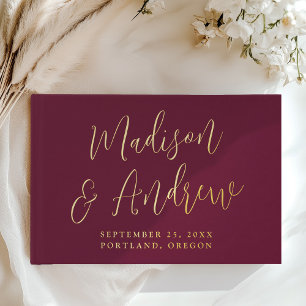 Simple Burgundy and Gold Foil Script Photo Wedding Guest Book