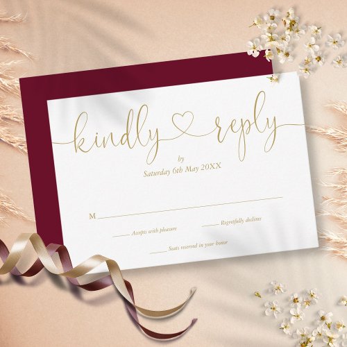 Simple Burgundy And Gold Script Heart Kindly Reply RSVP Card