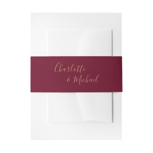 Simple Burgundy and Gold Signature Script Invitation Belly Band