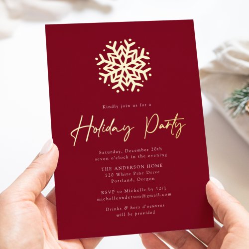 Simple Burgundy and Gold Snowflake Holiday Party Foil Invitation