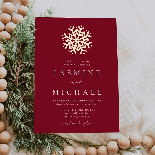 Simple Burgundy and Gold Snowflake Wedding Foil Invitation