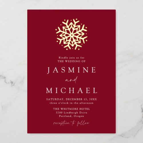 Simple Burgundy and Gold Snowflake Wedding Foil Invitation