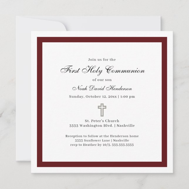 Simple Burgundy and White First Holy Communion  Invitation (Front)