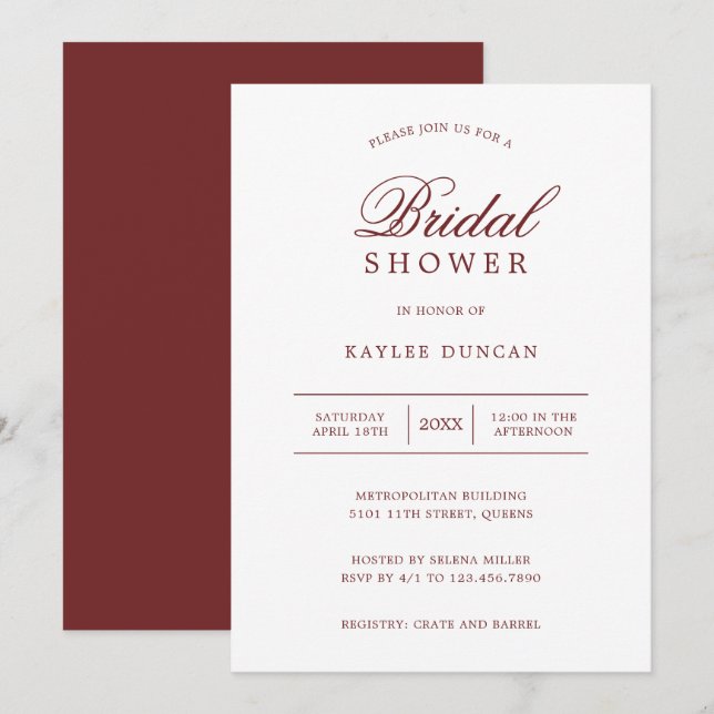Simple Burgundy and White Minimalist Bridal Shower Invitation (Front/Back)