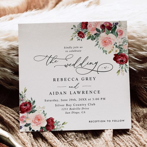 Simple Burgundy Blush Fall Floral Wedding Square Invitation