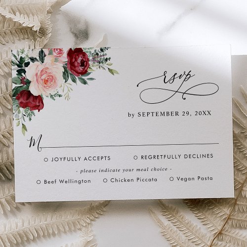 Simple Burgundy Blush Floral Greenery Meal Options RSVP Card