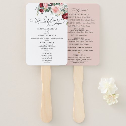 Simple Burgundy Blush Floral Wedding Ceremony Hand Fan