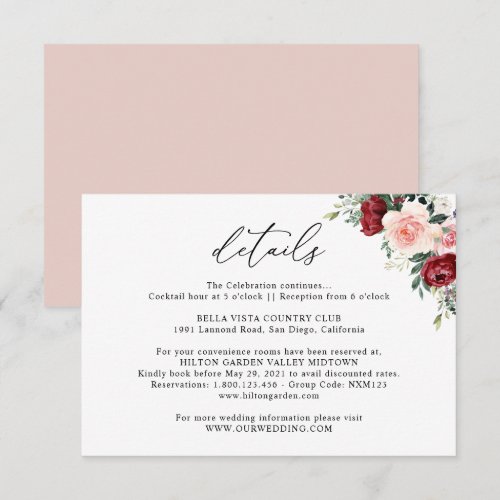 Simple Burgundy Blush Floral Wedding Details Enclo Enclosure Card