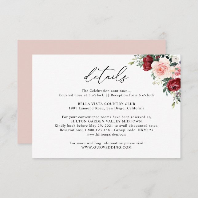 Simple Burgundy Blush Floral Wedding Details Enclo Enclosure Card (Front/Back)