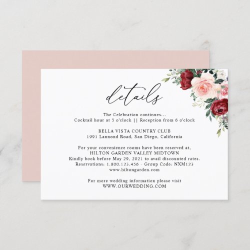 Simple Burgundy Blush Floral Wedding Details Enclo Enclosure Card