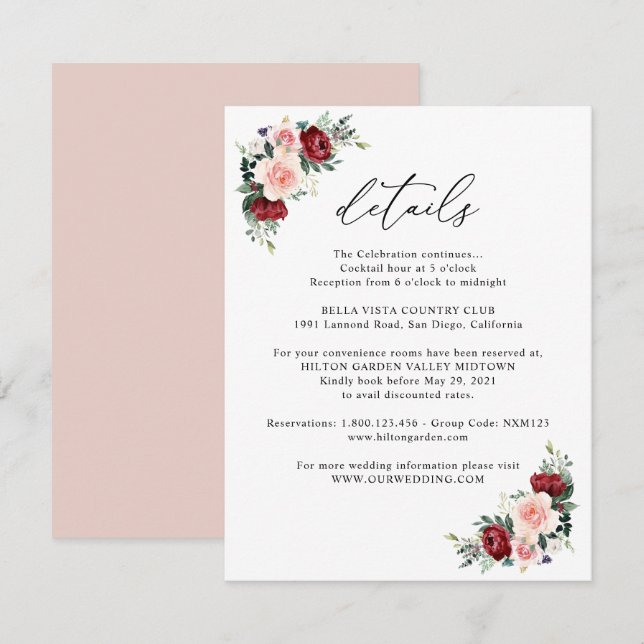 Simple Burgundy Blush Floral Wedding Details Enclosure Card (Front/Back)