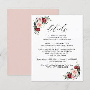 Simple Burgundy Blush Floral Wedding Details Enclosure Card
