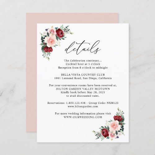 Simple Burgundy Blush Floral Wedding Details Enclosure Card