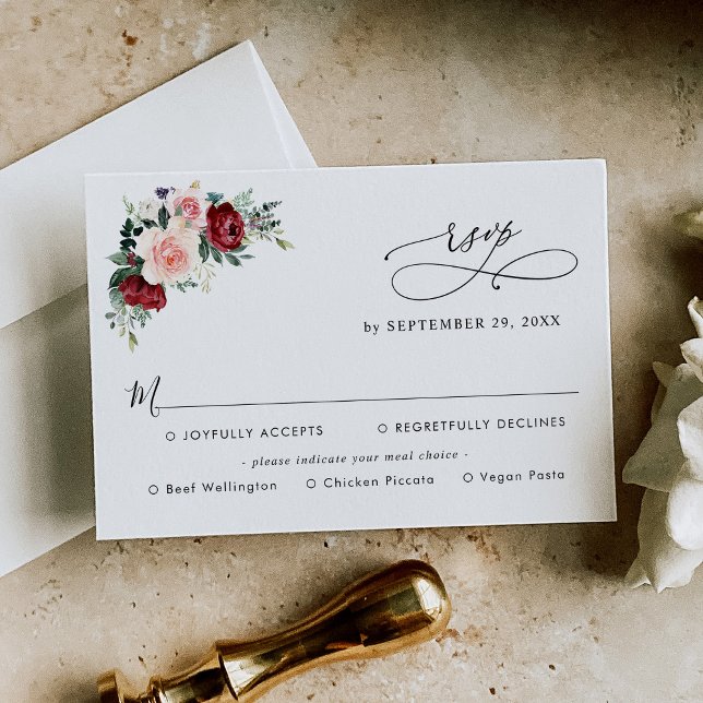 Simple Burgundy Blush Floral Wedding Meal Options RSVP Card (Creator Uploaded)