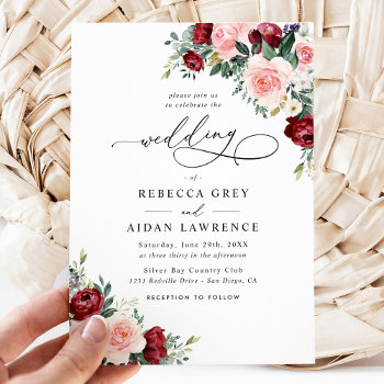 Simple Burgundy Blush Watercolor Floral Wedding Invitation by PeachBloome at Zazzle