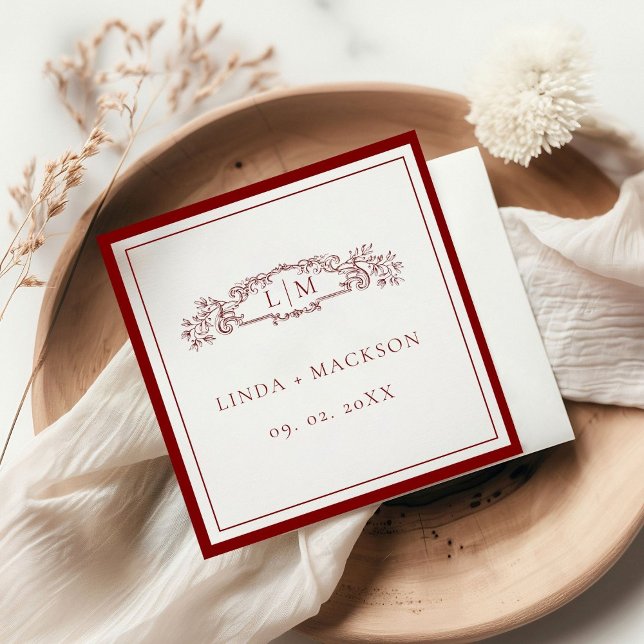 Simple burgundy botanical crest monogram wedding napkins (Creator Uploaded)