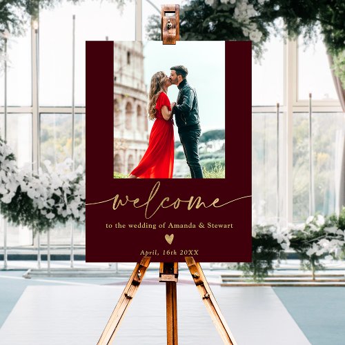 Simple burgundy chic gold photo wedding welcome foam board