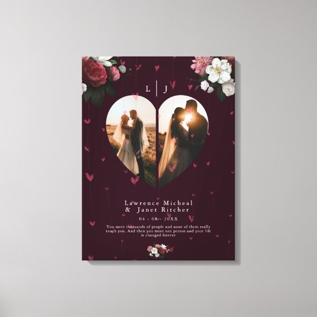 Simple Burgundy Custom Heart shape couples photos Canvas Print (Front)