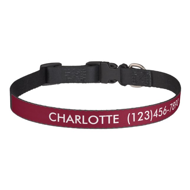 Simple burgundy custom name contact Info modern Pet Collar (Front)