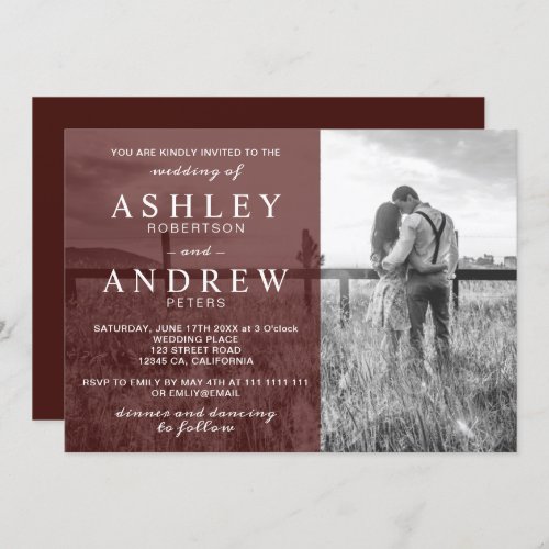 Simple burgundy elegant modern photo wedding invitation
