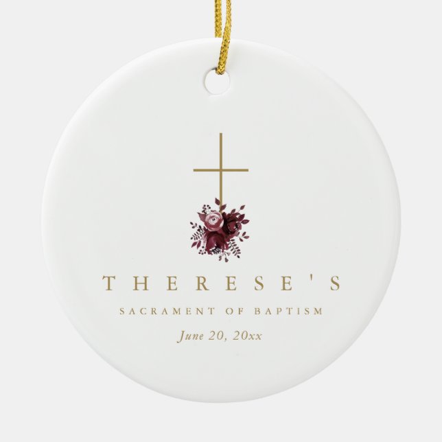 Simple Burgundy Floral Cross Catholic Baptism Ceramic Ornament (Front)