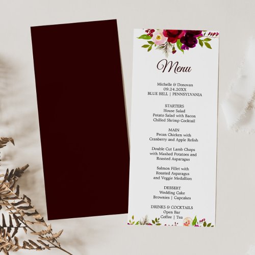 Simple Burgundy Floral Dinner Menu Card