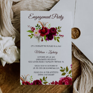 Simple Burgundy Floral Engagement Party Invitation