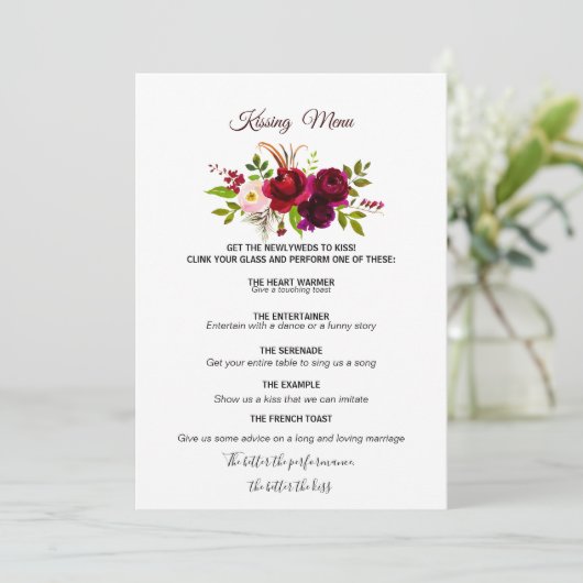Simple Burgundy Floral Kissing Menu (Standing Front)