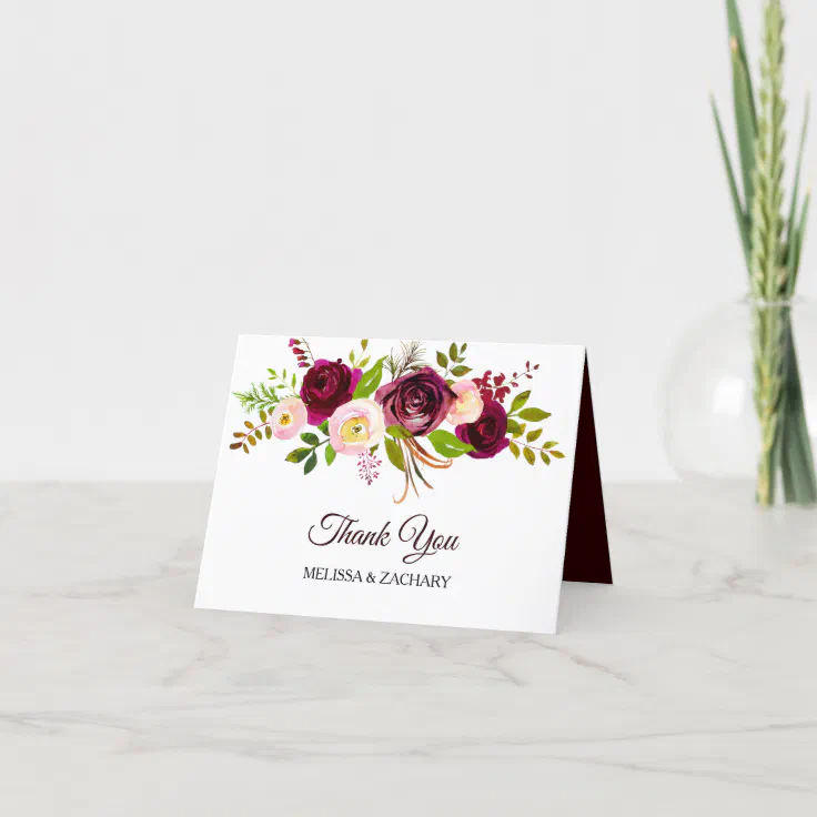 Simple Burgundy Floral Thank You Card | Zazzle