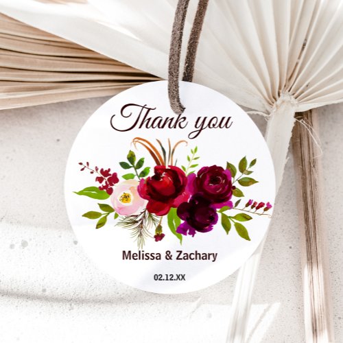 Simple Burgundy Floral Thank You Favor Classic Round Sticker