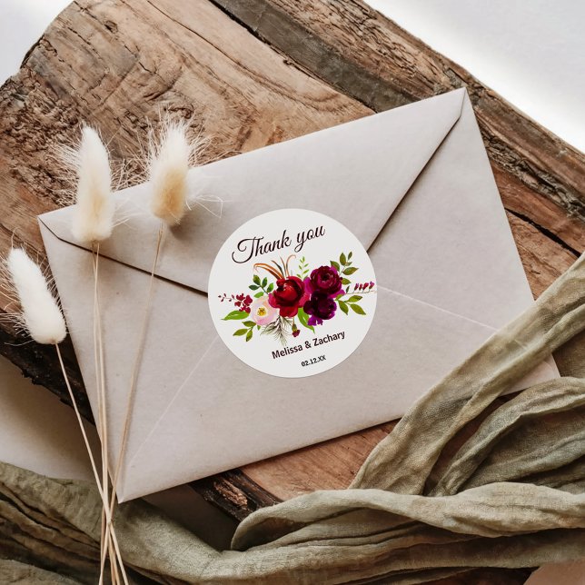 Simple Burgundy Floral Thank You Favor Classic Round Sticker (Creator Uploaded)