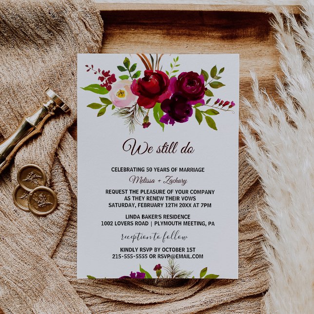 Simple Burgundy Floral Vow Renewal Invitation (Creator Uploaded)