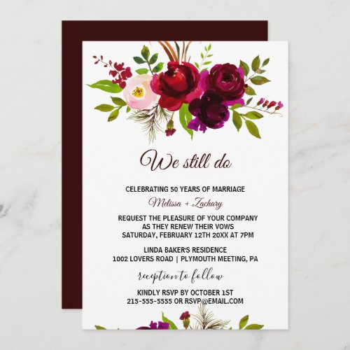 Simple Burgundy Floral Vow Renewal Invitation