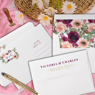 Simple Burgundy Floral Watercolor Initials Wedding Envelope