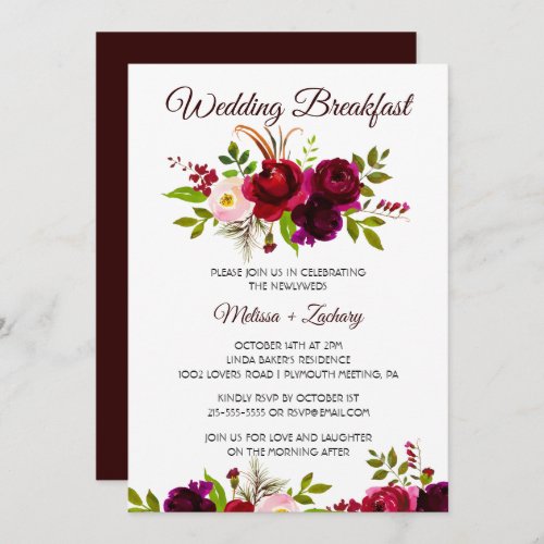 Simple Burgundy Floral Wedding Breakfast Invitation