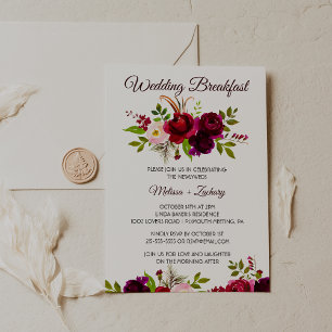 Simple Burgundy Floral Wedding Breakfast Invitation